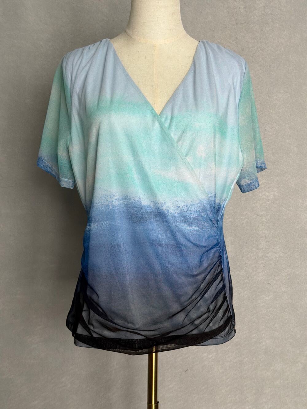 DKNY Cross-Front Top Short Sleeve Stretch Seafoam Ombre Women's Large NEW